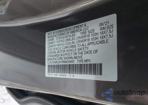 2022 Honda Odyssey Ex-L z USA, uszkodzony, nr VIN 5FNRL6H78NB035493